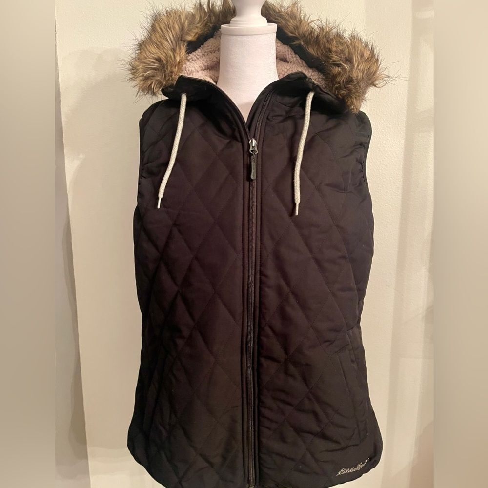 Eddie Bauer quilted vest jacket women Hooded Fleece Liner Insulated Sz L